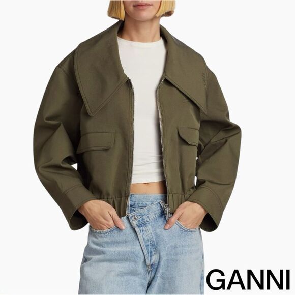 GANNI **NWT** Kalamata Green Heavy Twill Wide Collar Short Jacket - Picture 3 of 15